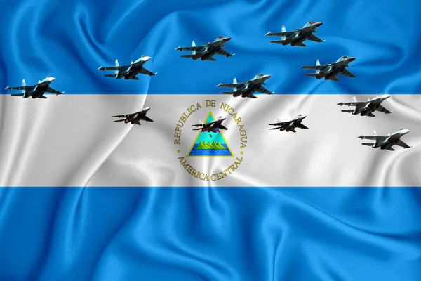 Прапор Нікарагуа Фон Простором Вашого Логотипу Військова Ілюстрація Повітряний Парад — стокове фото