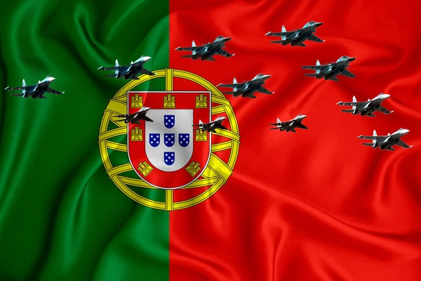 Portugese Vlag Achtergrond Met Ruimte Voor Logo Militaire Illustratie Luchtparade — Stockfoto