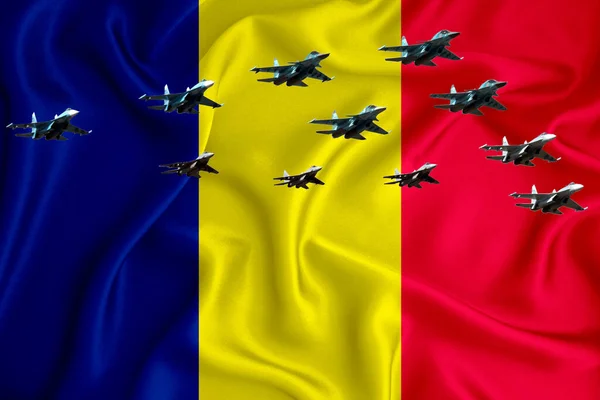 Roemenië Vlag Achtergrond Met Ruimte Voor Logo Militaire Illustratie Luchtparade — Stockfoto