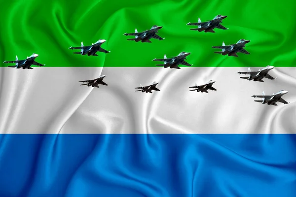 Sierra Leone flag, background with space for your logo - military 3D illustration. Air parade, military air show, air parade of military aviation. 3D rendering