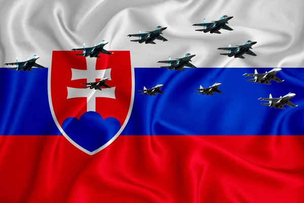 Slowakije Vlag Achtergrond Met Ruimte Voor Logo Militaire Illustratie Luchtparade — Stockfoto