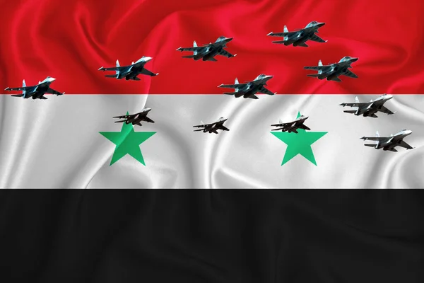 Флаг Сирии Фон Пространством Вашего Логотипа Военная Иллюстрация Воздушный Парад — стоковое фото