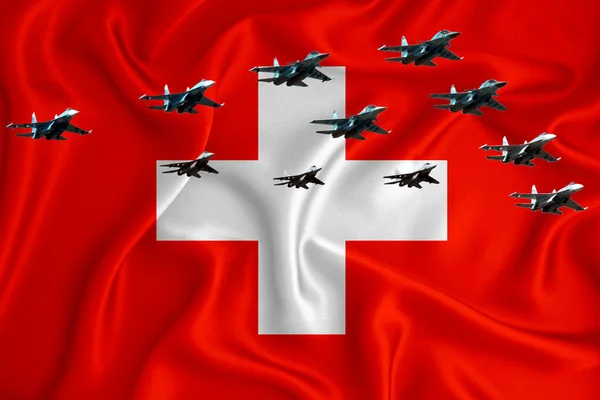 Flaga Szwajcarii Tło Miejscem Logo Wojskowa Ilustracja Parada Lotnicza Wojskowe — Zdjęcie stockowe
