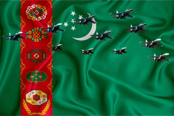 Turkmenistan Σημαία Φόντο Χώρο Για Λογότυπό Σας Στρατιωτική Απεικόνιση Αεροπορική — Φωτογραφία Αρχείου