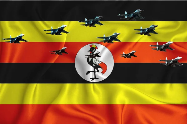 Flaga Ugandy Tło Miejscem Logo Wojskowa Ilustracja Parada Lotnicza Wojskowe — Zdjęcie stockowe