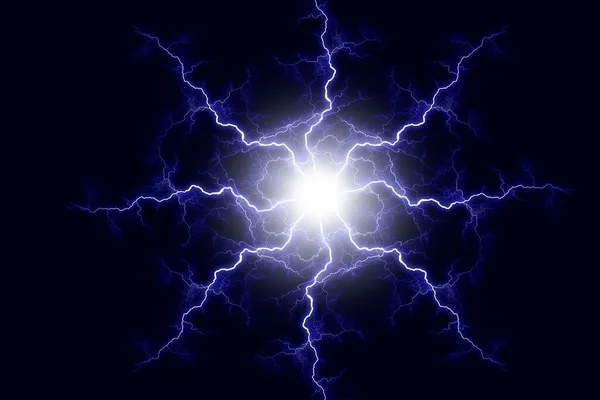 Powerful electrical discharge hitting from the center realistic illustration isolated on black transparent background. Flaming lightning strike in the dark. Electrical energy flash light effect