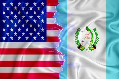 Fermuarın üzerindeki Guatemala ve ABD bayrağı dokulu kumaştan. İki ülke arasındaki işbirliği kavramı. 3d oluşturma