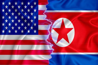Kuzey Kore ve ABD fermuarlı kumaş üzerine bayrak. İki ülke arasındaki işbirliği kavramı. 3d oluşturma
