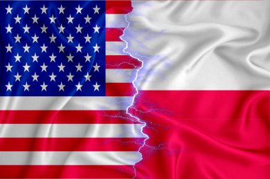 Polonya ve ABD 'nin fermuarlı kumaş üzerindeki bayrağı. İki ülke arasındaki işbirliği kavramı. 3d oluşturma