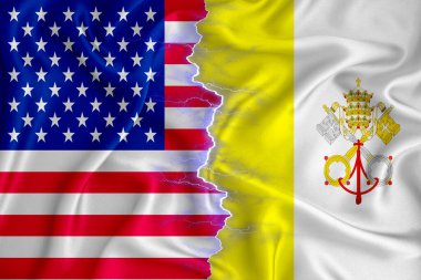 Vatikan ve ABD 'nin fermuarlı kumaş üzerindeki bayrağı. İki ülke arasındaki işbirliği kavramı. 3d oluşturma