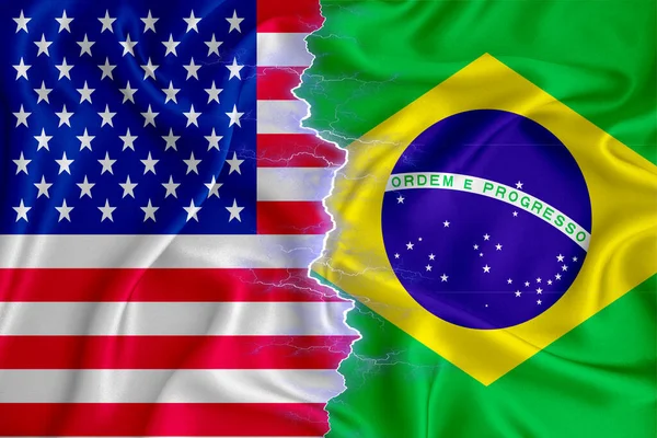 拉链上的巴西和美国国旗穿过纹理面料 两国合作的概念 3D渲染 — 图库照片