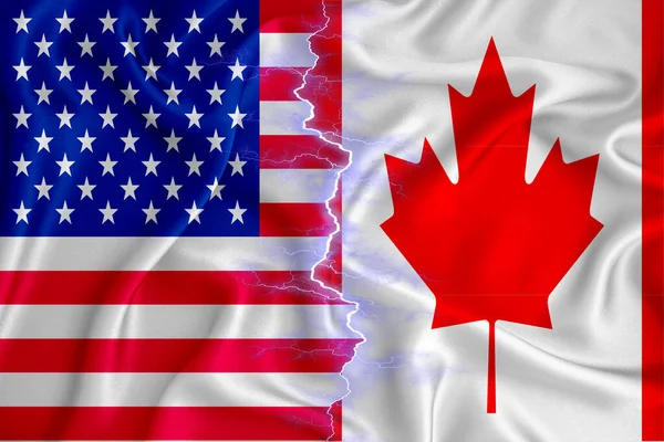拉链上的加拿大国旗和美国国旗穿过纹理面料 两国合作的概念 3D渲染 — 图库照片