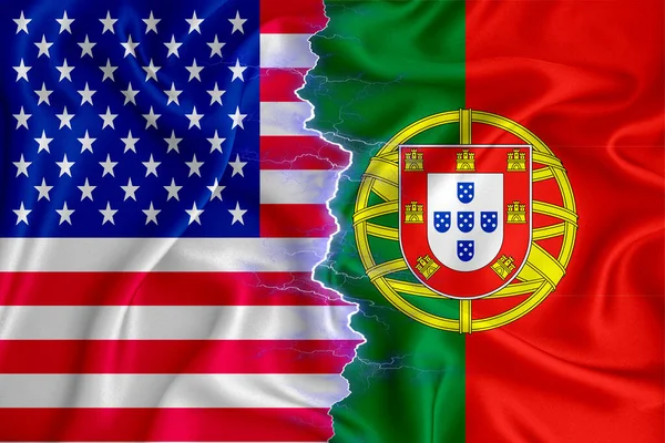 ジッパーのポルトガル語と米国のフラグは テクスチャ生地を渡った 両国間の協力の概念 3Dレンダリング — ストック写真