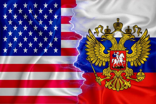 Rússia Bandeira Dos Eua Zíper Cruzou Tecido Texturizado Conceito Cooperação — Fotografia de Stock