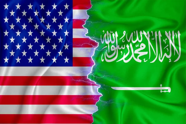 Szaúd Arábia Amerikai Zászló Cipzáron Keresztbe Texturált Szövet Két Ország — Stock Fotó