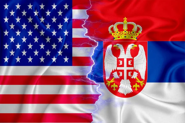 Serbian and US flag on zipper crossed textured fabric. The concept of cooperation between the two countries. 3d rendering