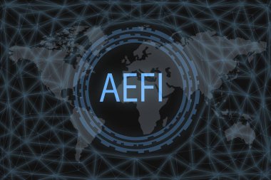 Koyu bir arkaplan ve bir dünya haritasında AEFI yazıları.