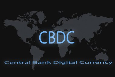 CBDC (Central Bank Digital Currency) Abstract Cryptocurrency. With a dark background and a world map. Graphic concept for your design. clipart