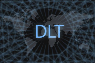 Karanlık bir arkaplan ve bir dünya haritasında dağıtılmış defter teknolojisi DLT yazıtları.