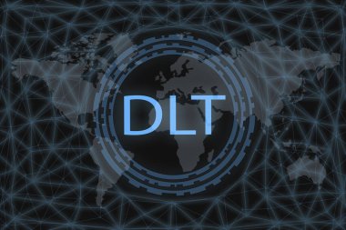 Karanlık bir arkaplan ve bir dünya haritasında dağıtılmış defter teknolojisi DLT yazıtları.