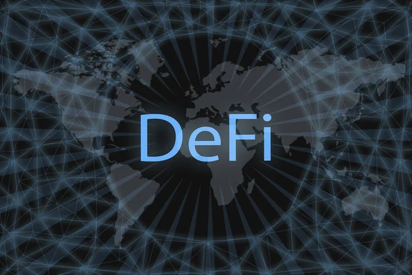 Karanlık bir arkaplan ve bir dünya haritasında yerel Finans DeFi yazıtları.