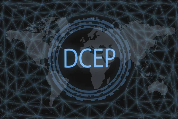 Digital Currency Electronic Payment DCEP inscription on a dark background and a world map.