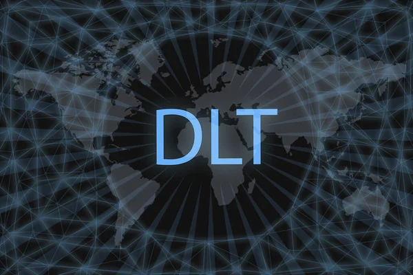 Karanlık bir arkaplan ve bir dünya haritasında dağıtılmış defter teknolojisi DLT yazıtları.