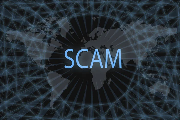 Напис Scam Темному Тлі Карта Світу — стокове фото