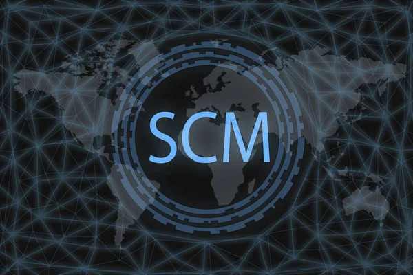 Scm Supply Chain Management Inscrição Fundo Escuro Mapa Mundo — Fotografia de Stock