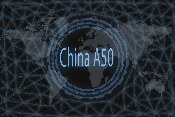 China A50 Global stock market index. With a dark background and a world map. Graphic concept for your design.