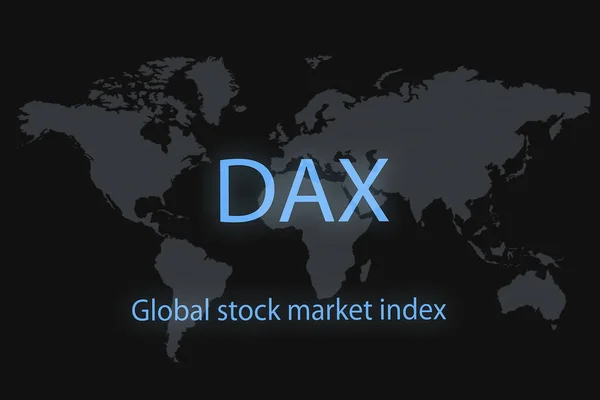 DAX Global borsa endeksi. Karanlık bir geçmişi ve bir dünya haritası var. Tasarımınız için grafiksel kavram.