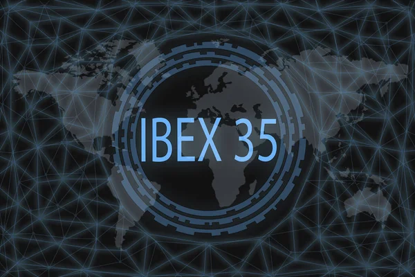 IBEX 35 Global borsa endeksi. Karanlık bir geçmişi ve bir dünya haritası var. Tasarımınız için grafiksel kavram.