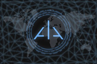 Alpha Finans Laboratuvarı (Alpha) Soyut Kripto Para Birimi. Karanlık bir geçmişi ve bir dünya haritası var. Tasarımınız için grafiksel kavram.