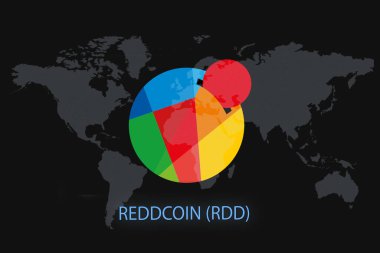 REDDCOIN (RDD) Soyut Kripto para birimi. Karanlık bir geçmişi ve bir dünya haritası var. Tasarımınız için grafiksel kavram.