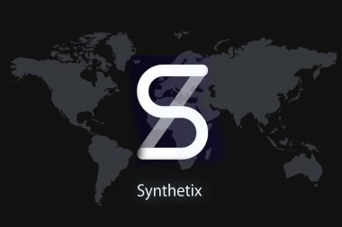 Synthetix Soyut Kripto Para Birimi. Karanlık bir geçmişi ve bir dünya haritası var. Tasarımınız için grafiksel kavram.
