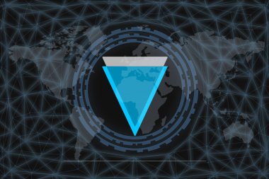 Kenarlık (XVG) Soyut Kripto Para Birimi. Karanlık bir geçmişi ve bir dünya haritası var. Tasarımınız için grafiksel kavram.