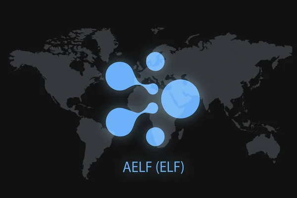 AELF (ELF) Abstract Cryptocurrency. With a dark background and a world map. Graphic concept for your design.