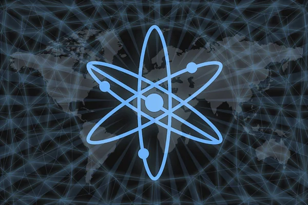 Kozmos (ATOM) Soyut Kripto para birimi. Karanlık bir geçmişi ve bir dünya haritası var. Tasarımınız için grafiksel kavram.