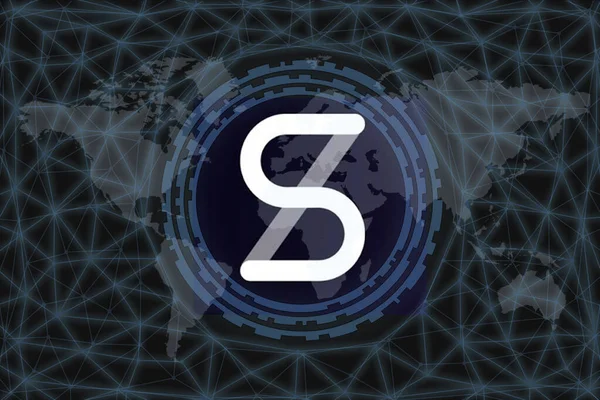 Synthetix Abstract Cryptocurrency 약자이다 어두운 배경과 지도를 가지고 당신의 디자인을 — 스톡 사진