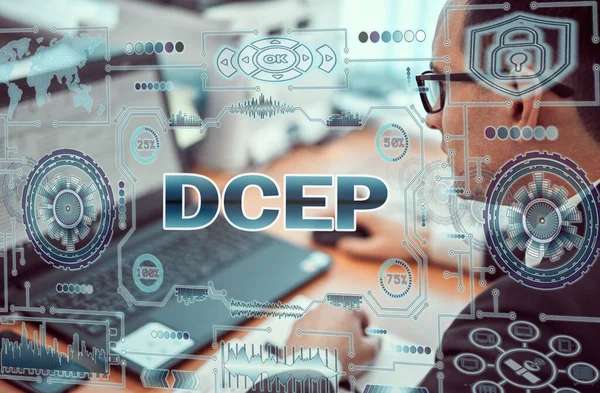 Ділова Людина Сучасному Офісі Займається Роботою Ноутбуці Надпис Dcep — стокове фото