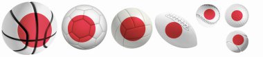 Toplara Japon bayrağı dikildi: Golf, basketbol, voleybol, futbol, tenis, rugby, beyaz arka planda izole edilmiş beyzbol. 3d oluşturma