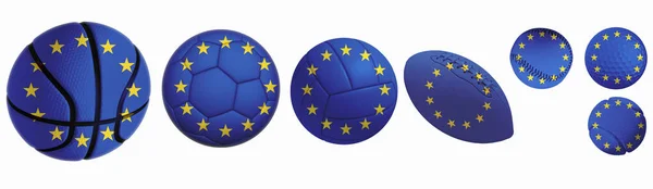 Flaga Unii Europejskiej Nałożona Piłki Golf Koszykówka Siatkówka Piłka Nożna — Zdjęcie stockowe