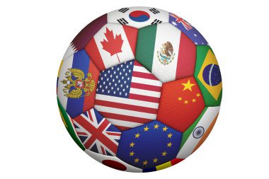 Beyaz arka planda birkaç bayraklı futbol topu. 3d oluşturma