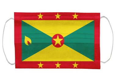 Tıbbi bir maskenin üzerinde Grenada bayrağı. Beyaz bir arka planda izole edilmiş. Corona virüsü ya da covid-19 için koruyucu solunum maskeleri virüs enfeksiyonu için, sağlık koruma konsepti, ağız kapağı, 3 boyutlu görüntüleme