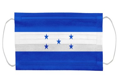 Tıbbi bir maskenin üzerinde Honduras bayrağı. Beyaz bir arka planda izole edilmiş. Corona virüsü ya da covid-19 için koruyucu solunum maskeleri virüs enfeksiyonu için, sağlık koruma konsepti, ağız kapağı, 3 boyutlu görüntüleme