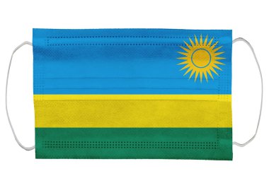 Sağlık maskesinde Ruanda bayrağı. Beyaz bir arka planda izole edilmiş. Corona virüsü ya da covid-19 için koruyucu solunum maskeleri virüs enfeksiyonu için, sağlık koruma konsepti, ağız kapağı, 3 boyutlu görüntüleme
