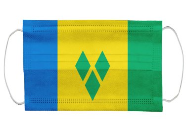 St. Vincent ve Grenadines bayrağı tıbbi bir maskenin üzerinde. Beyaz bir arka planda izole edilmiş. Corona virüsü ya da covid-19 için koruyucu solunum maskeleri virüs enfeksiyonu için, sağlık koruma konsepti, ağız kapağı, 3 boyutlu görüntüleme
