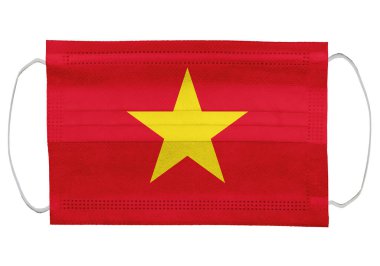 Vietnam bayrağı tıbbi bir maskenin üzerinde. Beyaz bir arka planda izole edilmiş. Corona virüsü ya da covid-19 için koruyucu solunum maskeleri virüs enfeksiyonu için, sağlık koruma konsepti, ağız kapağı, 3 boyutlu görüntüleme