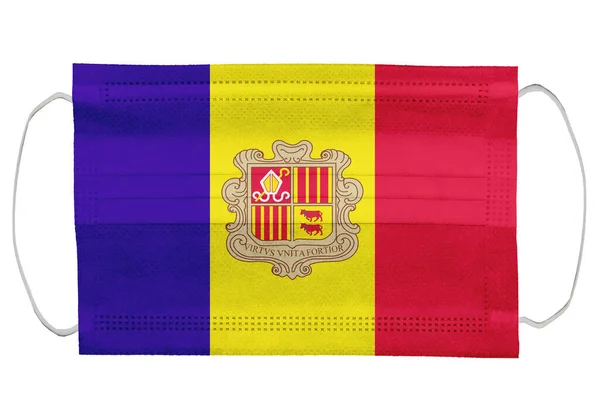 Bandiera Andorra Una Maschera Medica Isolato Uno Sfondo Bianco Virus — Foto Stock