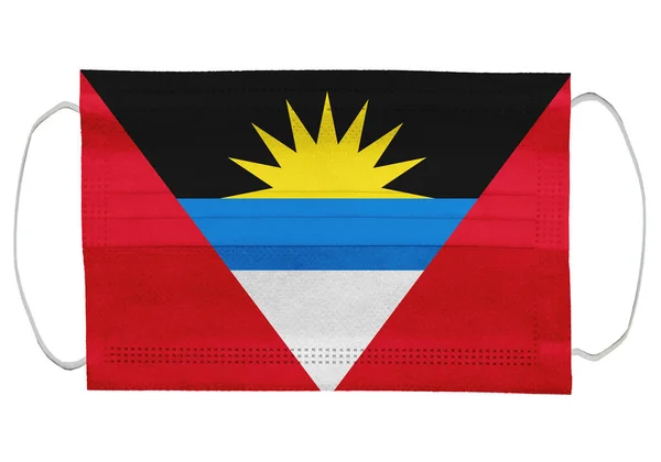 Antigua Barbuda Zászló Orvosi Maszkon Elszigetelve Fehér Háttérrel Koronavírus Vagy — Stock Fotó